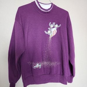 VINTAGE 90s Morning Sun Birds Grandma Sweatshirt Size Large Purple Double Sided